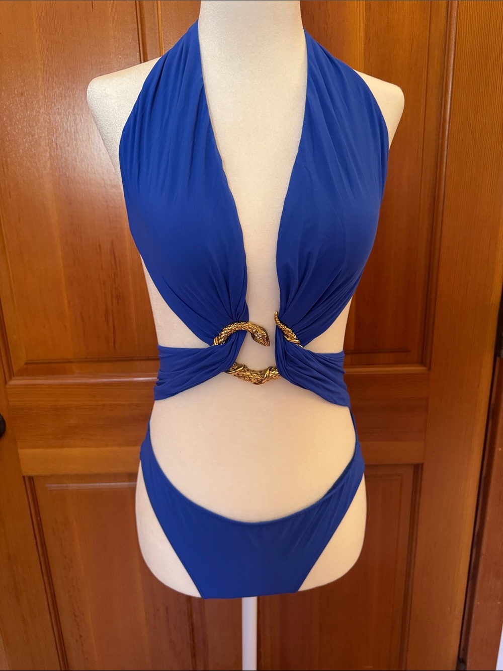 Blue Halter One-Piece Swimsuit with Gold Snake Accent